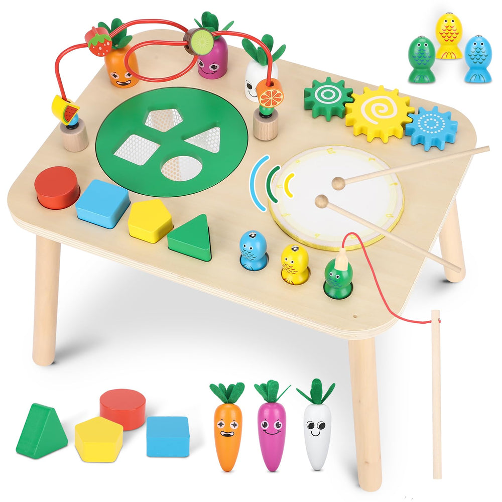 HEYLANDU 7-in-1 activity table drum engages rhythm and fine motor skills.