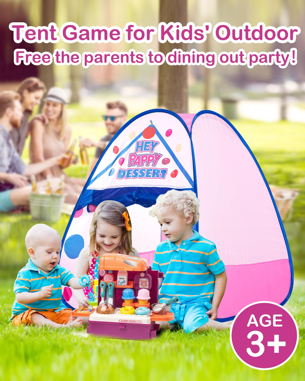 Heypappy Dessert Theme Tent with Toy Set, complete pretend play items for indoor fun.