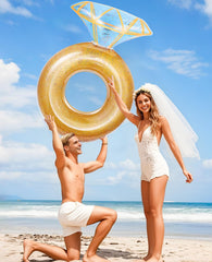 HeySplash diamond ring float on lake with scenic backdrop for summer fun.
