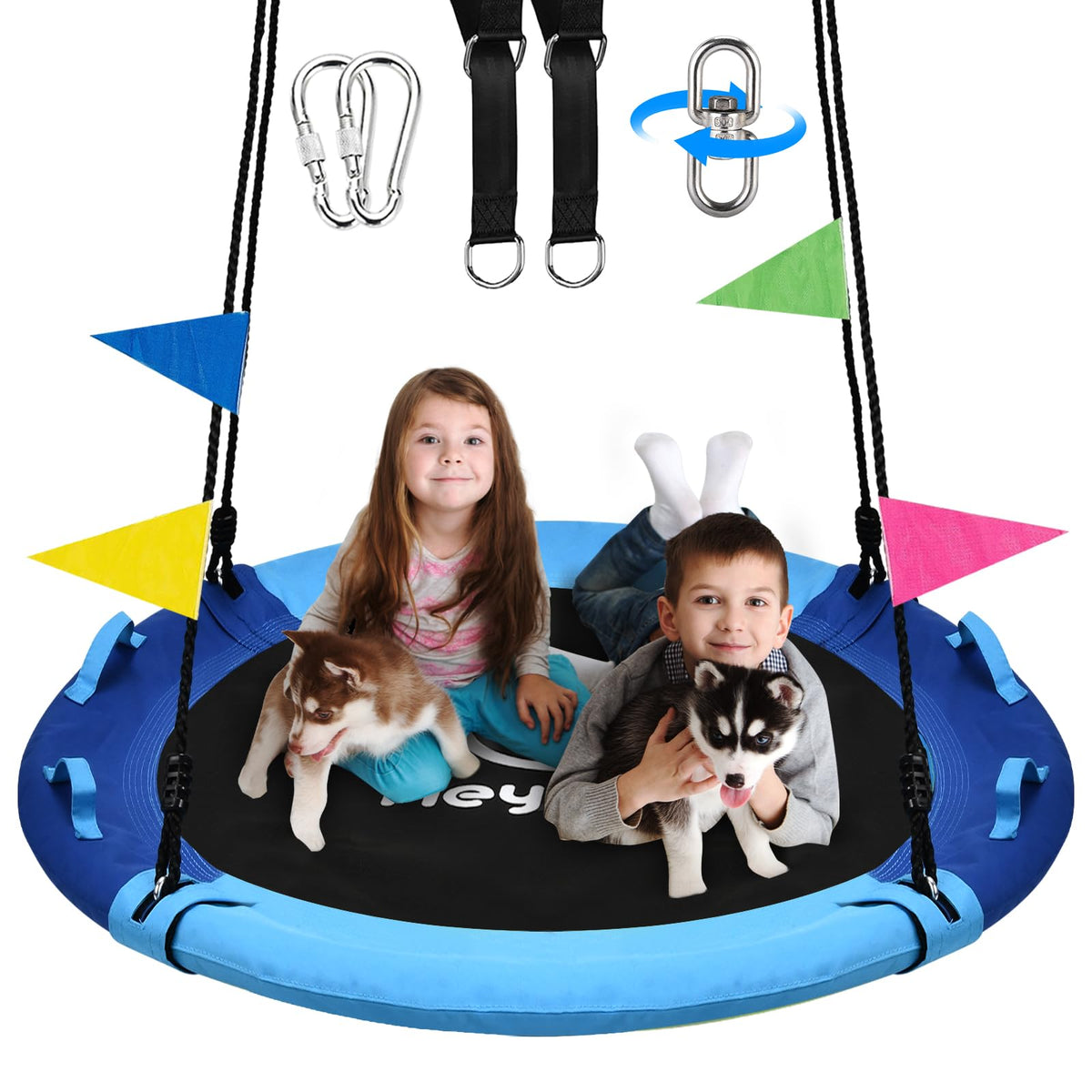 HeyZoo 43-inch tree swing seat in blue and cerulean provides ample space for 2–3 kids.