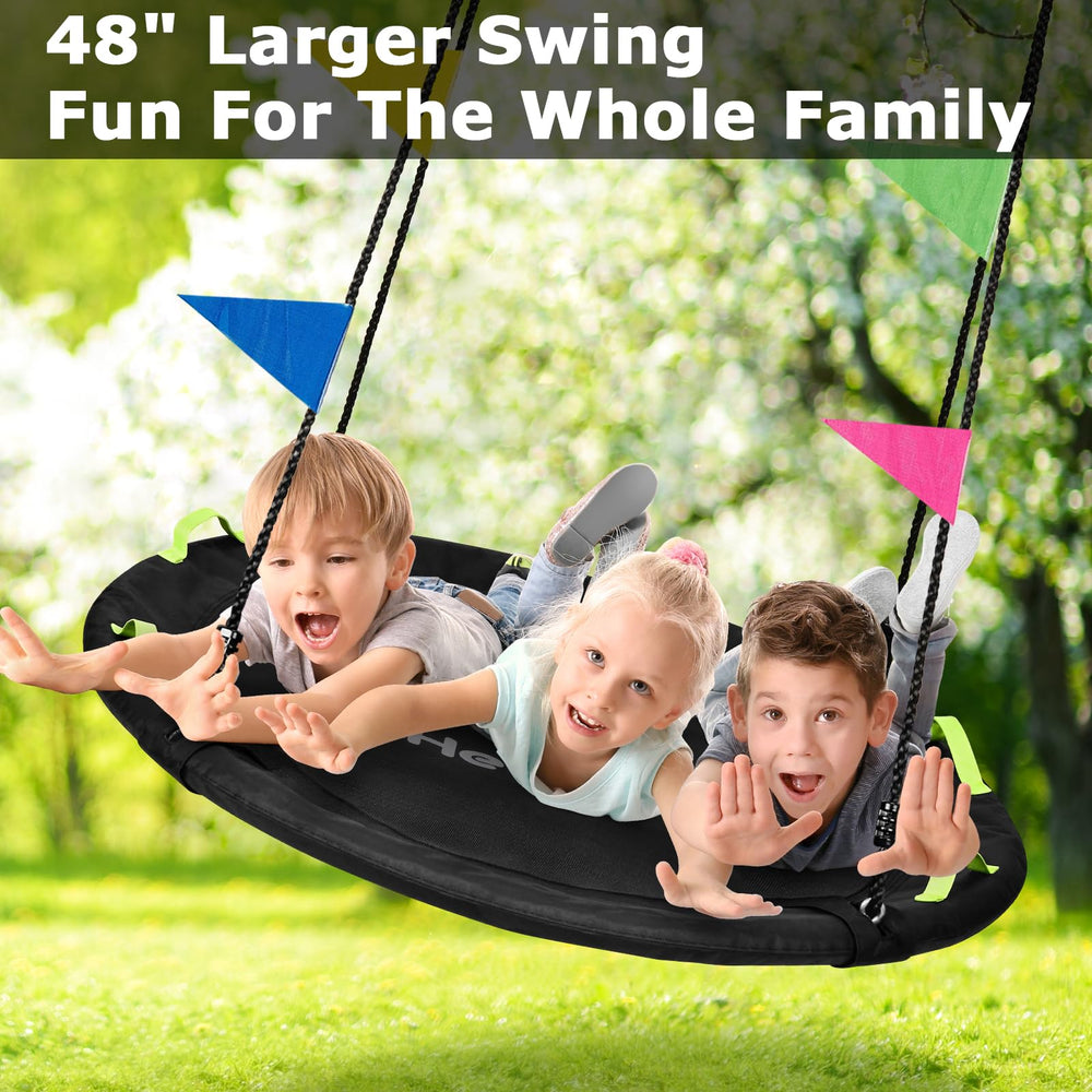 HeyZoo backyard scene with family enjoying a sunny swing