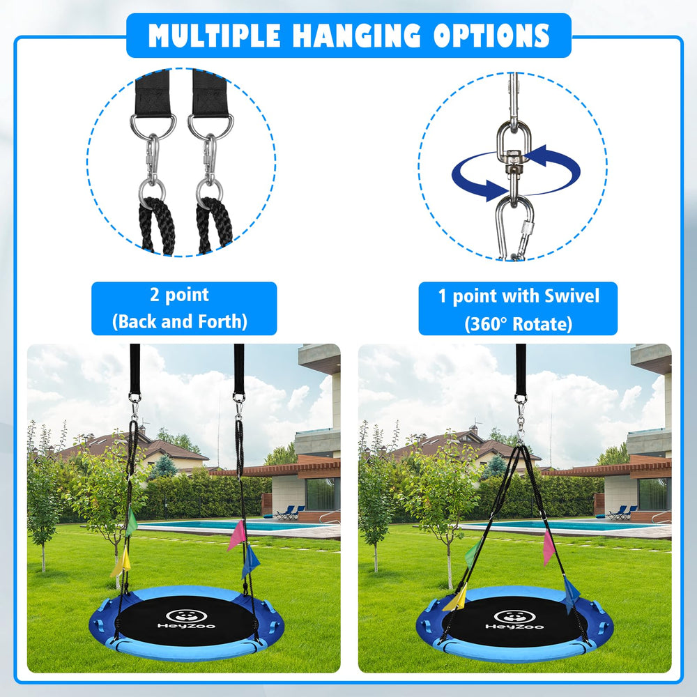 HeyZoo saucer swing with 360-degree swivel enables dynamic spinning fun for backyard play.