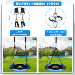 HeyZoo saucer swing with 360-degree swivel enables dynamic spinning fun for backyard play.