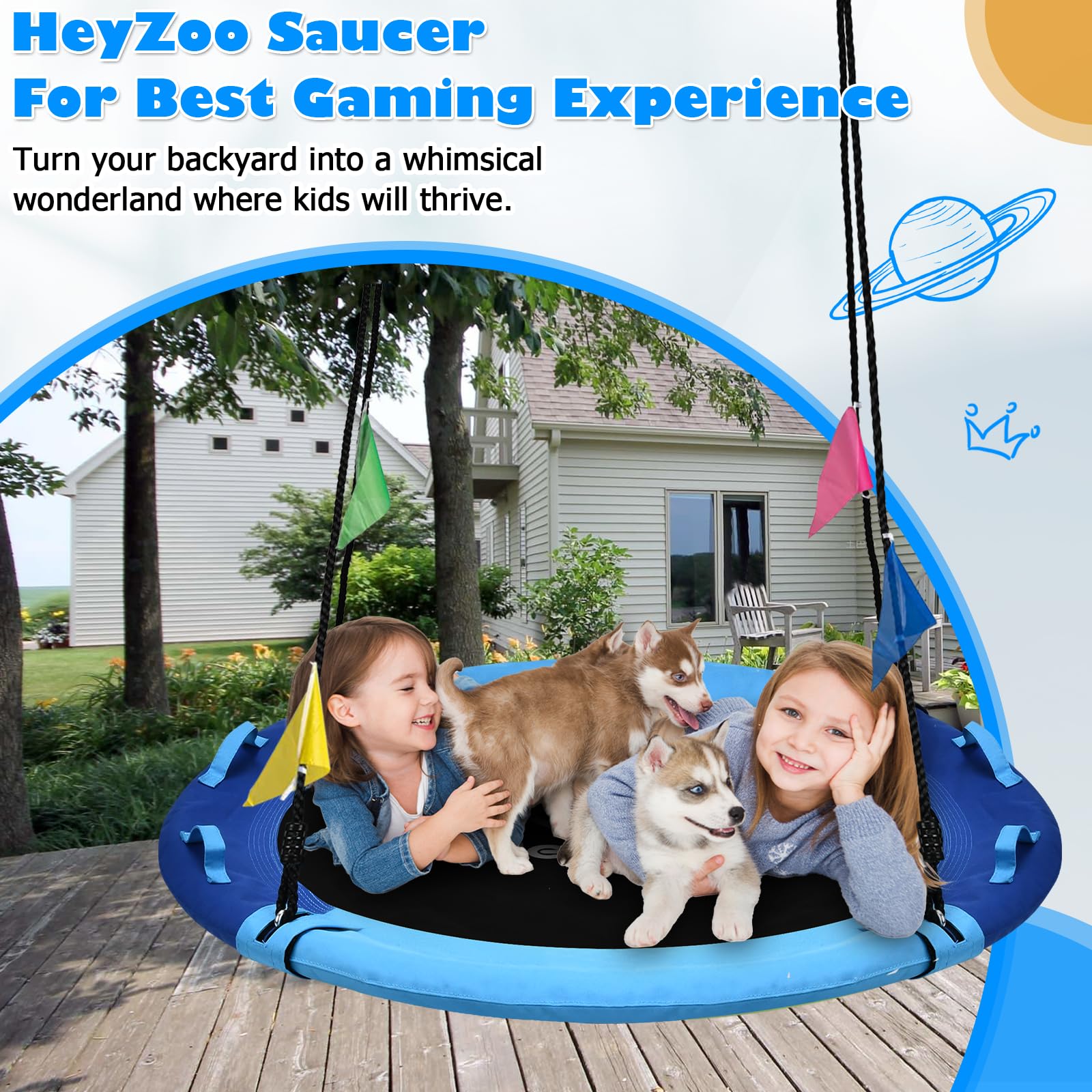 HeyZoo swing uses tear-resistant Oxford fabric for year-round outdoor use.
