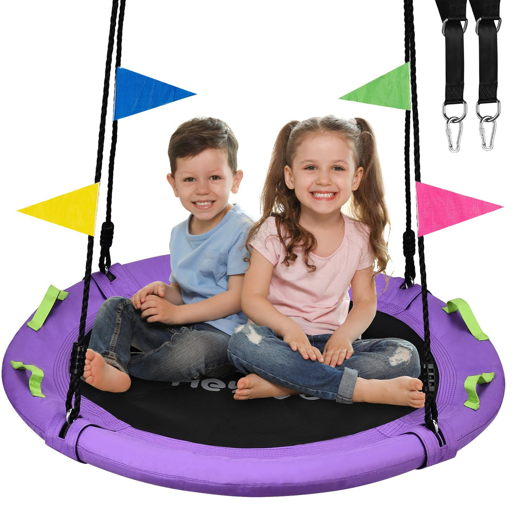 HeyZoo 40-inch saucer swing in backyard offers safe, shared outdoor play for kids.