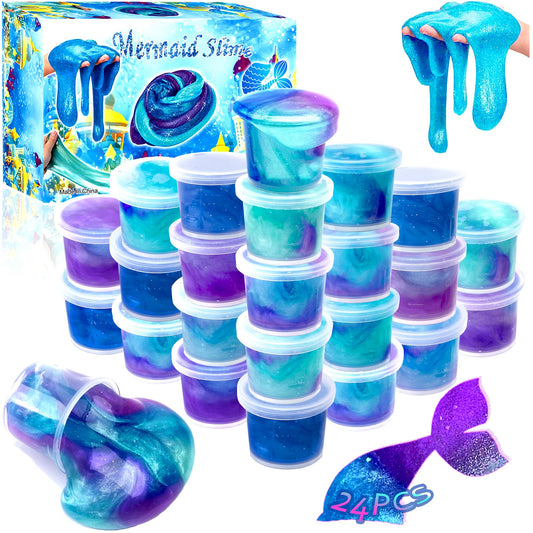 HFCHUPIN Galaxy Mermaid Slime Kit 24-pack cups with vibrant colors for creative play