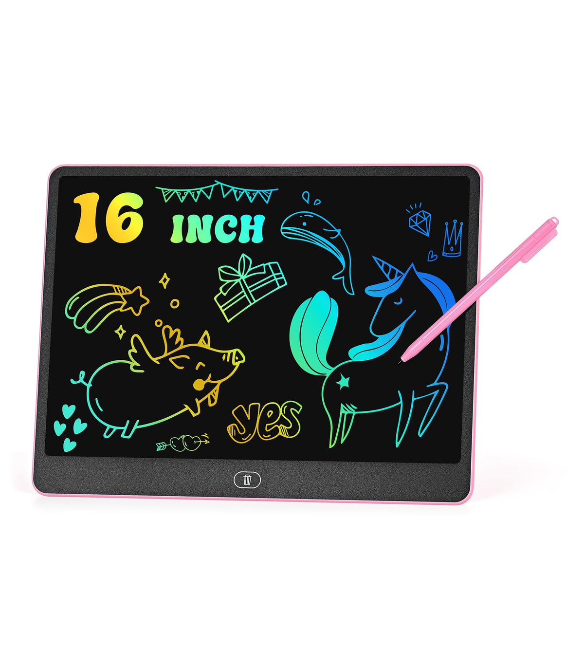 HHN LCD writing tablet front view shows a bright 16-inch color screen for kids.