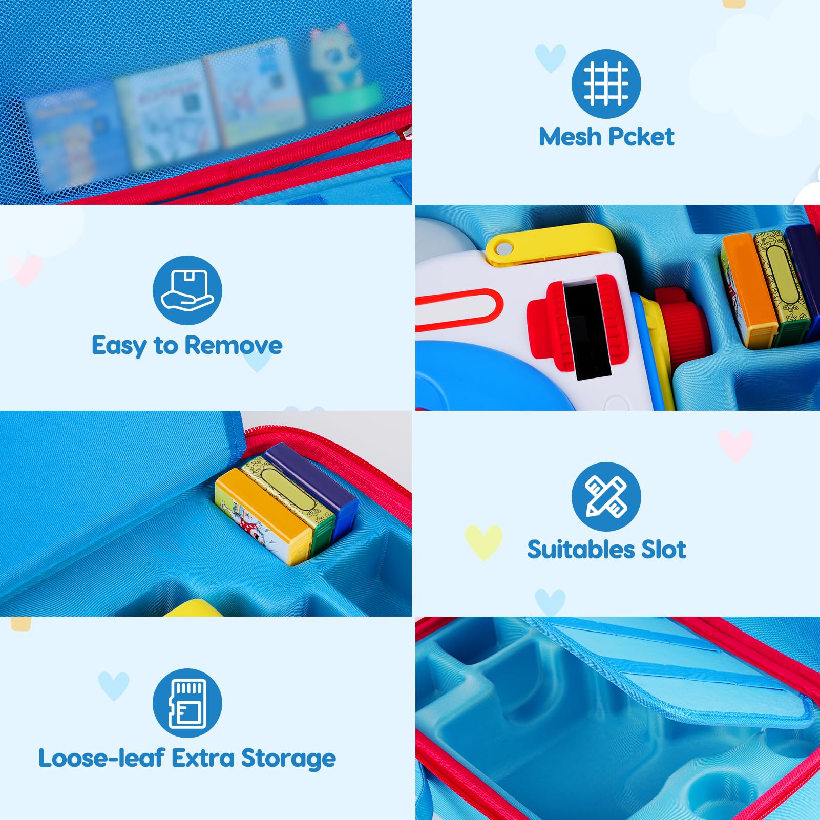 Inside view of HHZ case with compartments for machine, books, and characters.