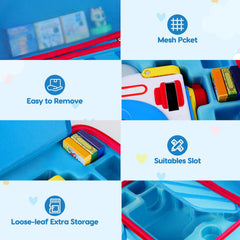 Inside view of HHZ case with compartments for machine, books, and characters.