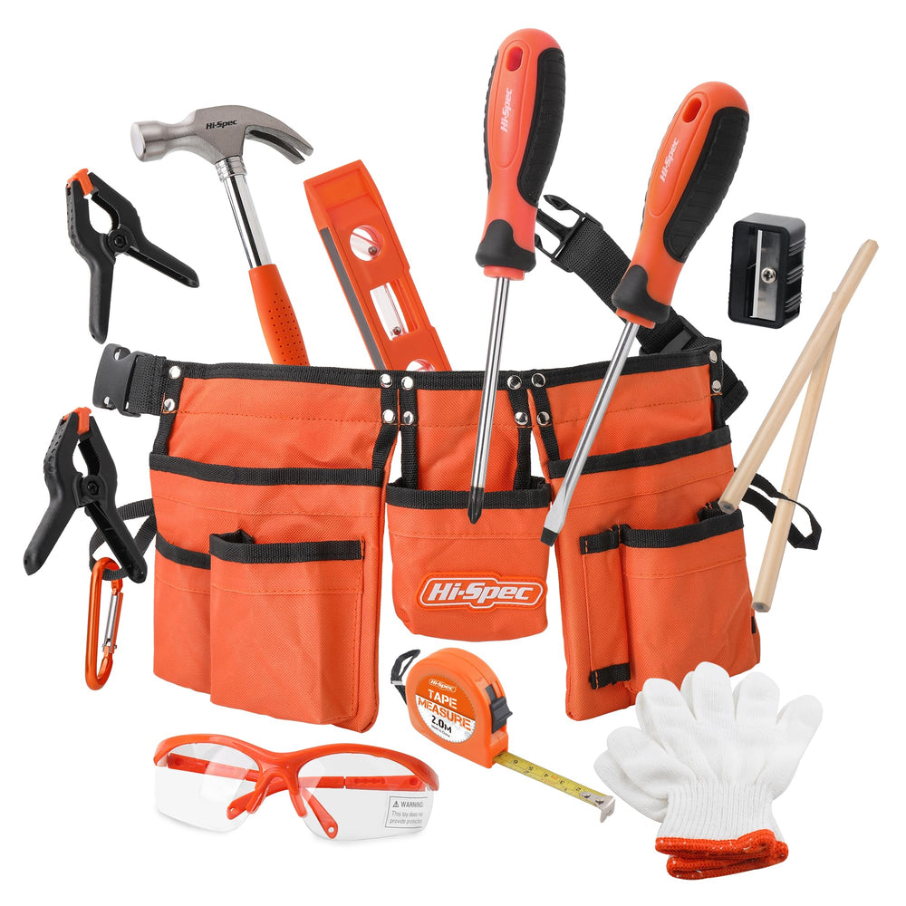Hi-Spec 16pc orange kids tool kit on a workbench for hands-on learning