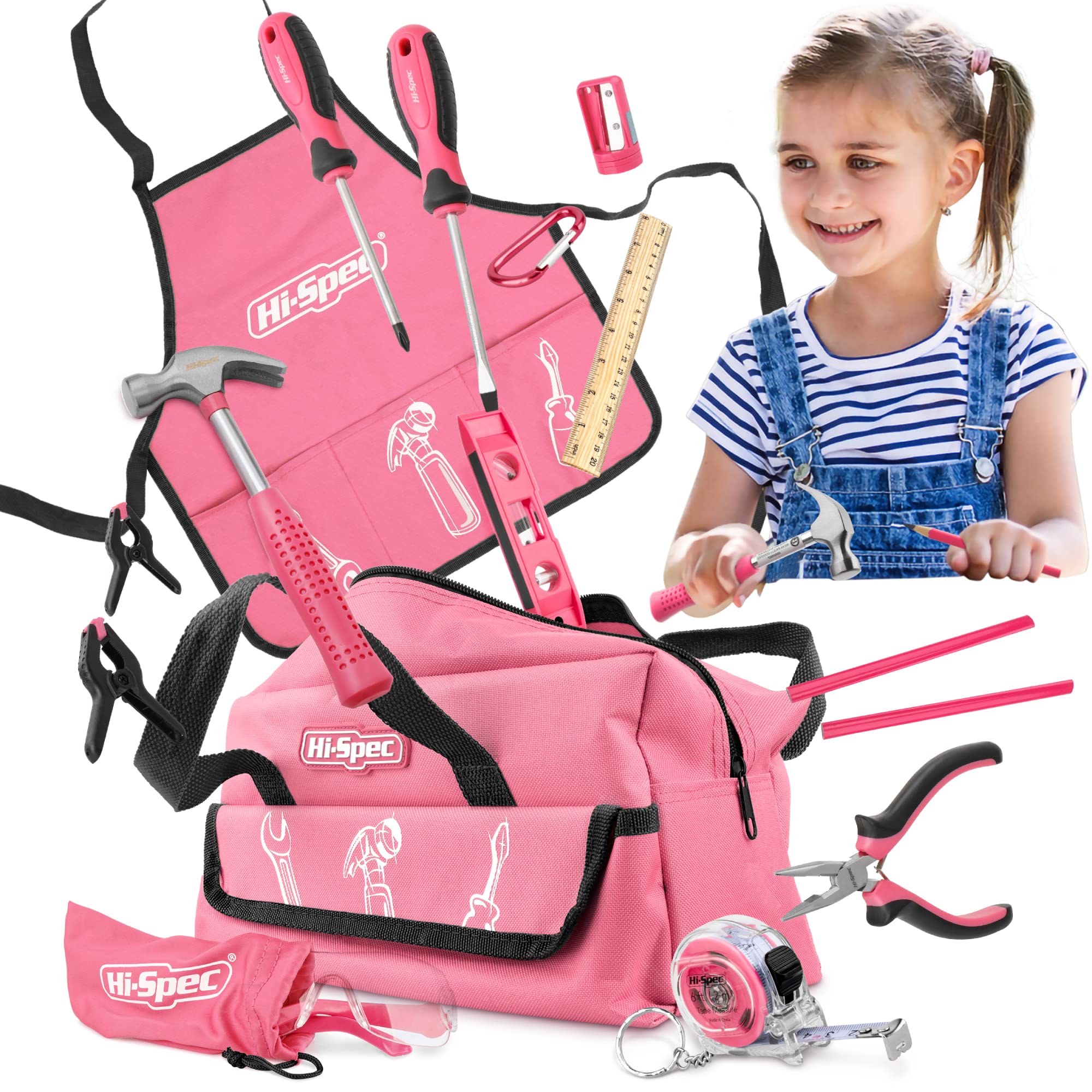 Hi-Spec 18pc pink kids tool kit laid out for budding builders