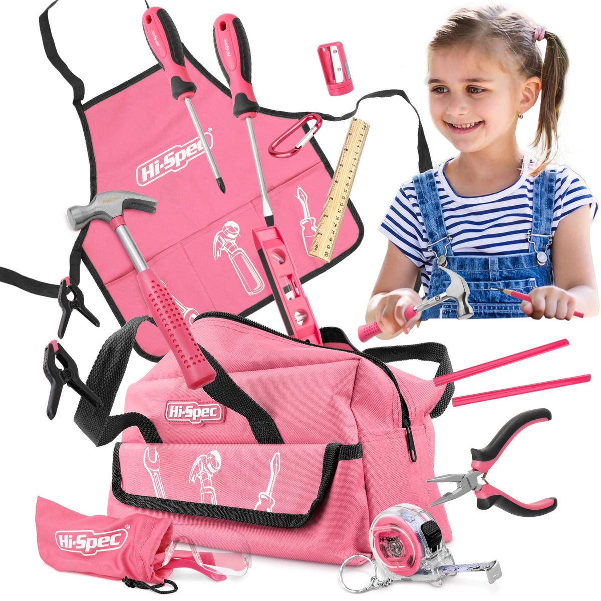 Hi-Spec 18pc pink kids tool kit laid out for budding builders