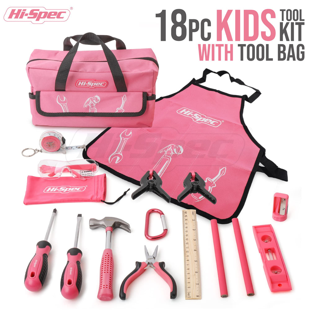 Hi-Spec pink kids tool kit with screwdrivers and hammer for DIY tasks