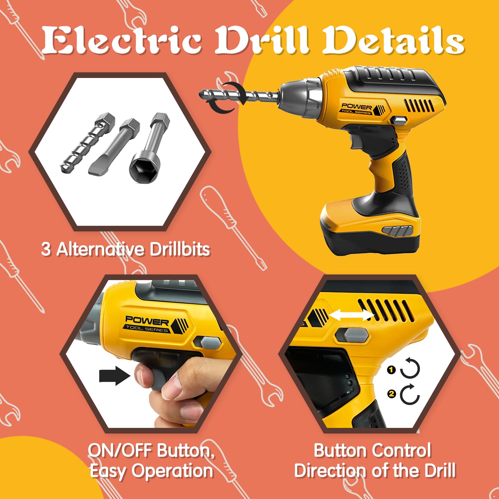 Hibility toy electric drill for realistic pretend play.