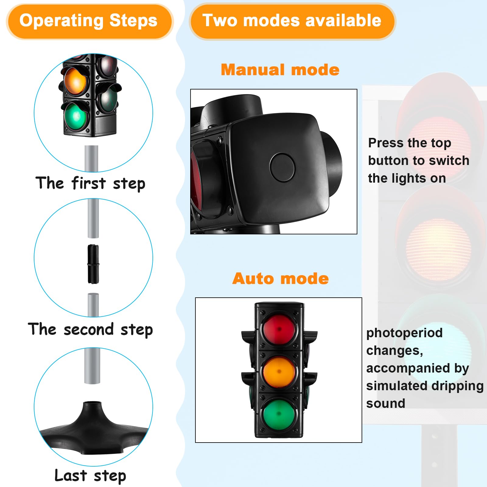 Hiboom traffic light toy top button illustrating manual mode control