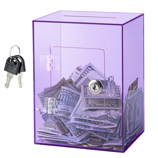 Hicocool clear piggy bank with lock purple front view showing transparency for tracking savings
