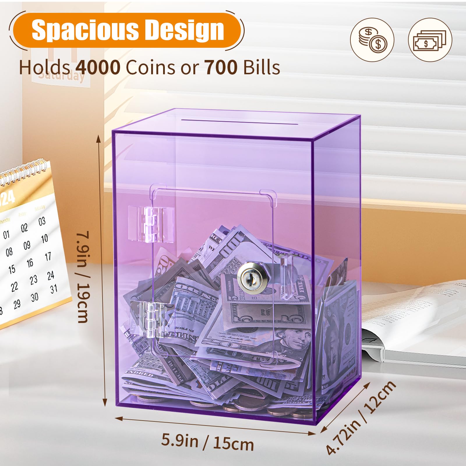 Hicocool clear piggy bank with lock purple close-up of the lock demonstrating secure access