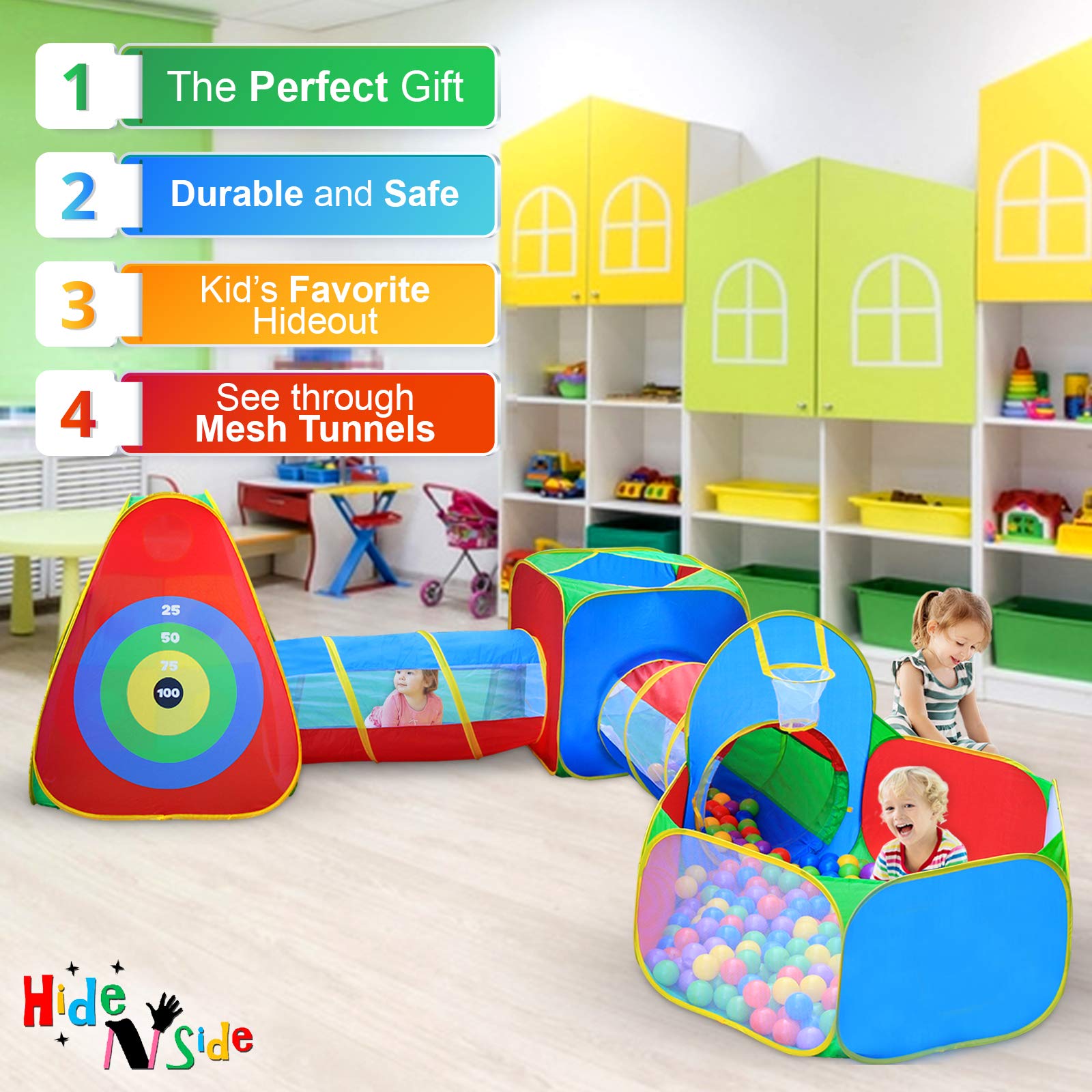 Hide N Side toddler jungle gym play tent with crawl tunnel for active exploration.