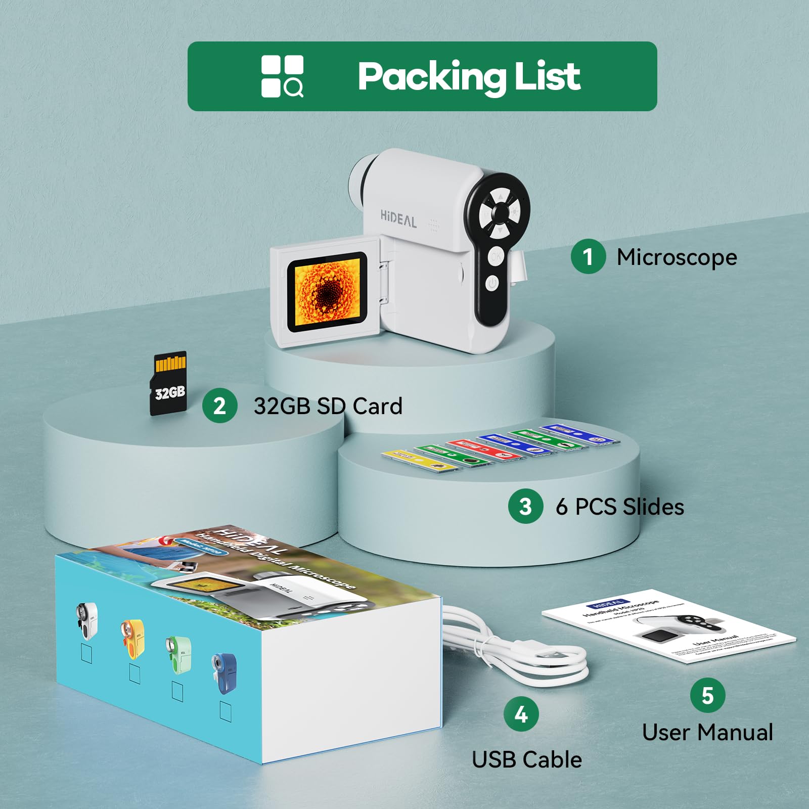 Hideal HP20 with 32GB card storing photos and videos.