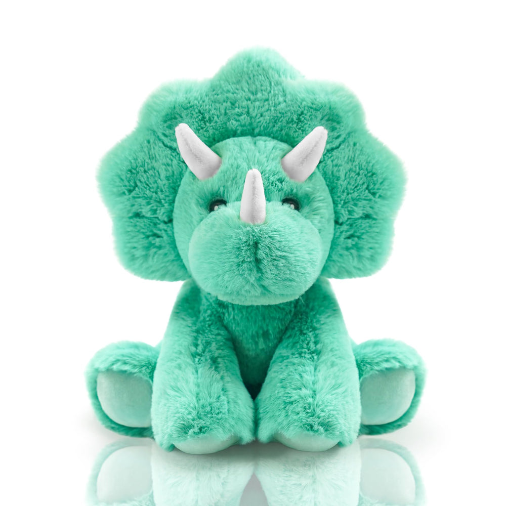 Hideekoog Triceratops plush face view, ultra soft fur for cozy snuggles at bedtime.