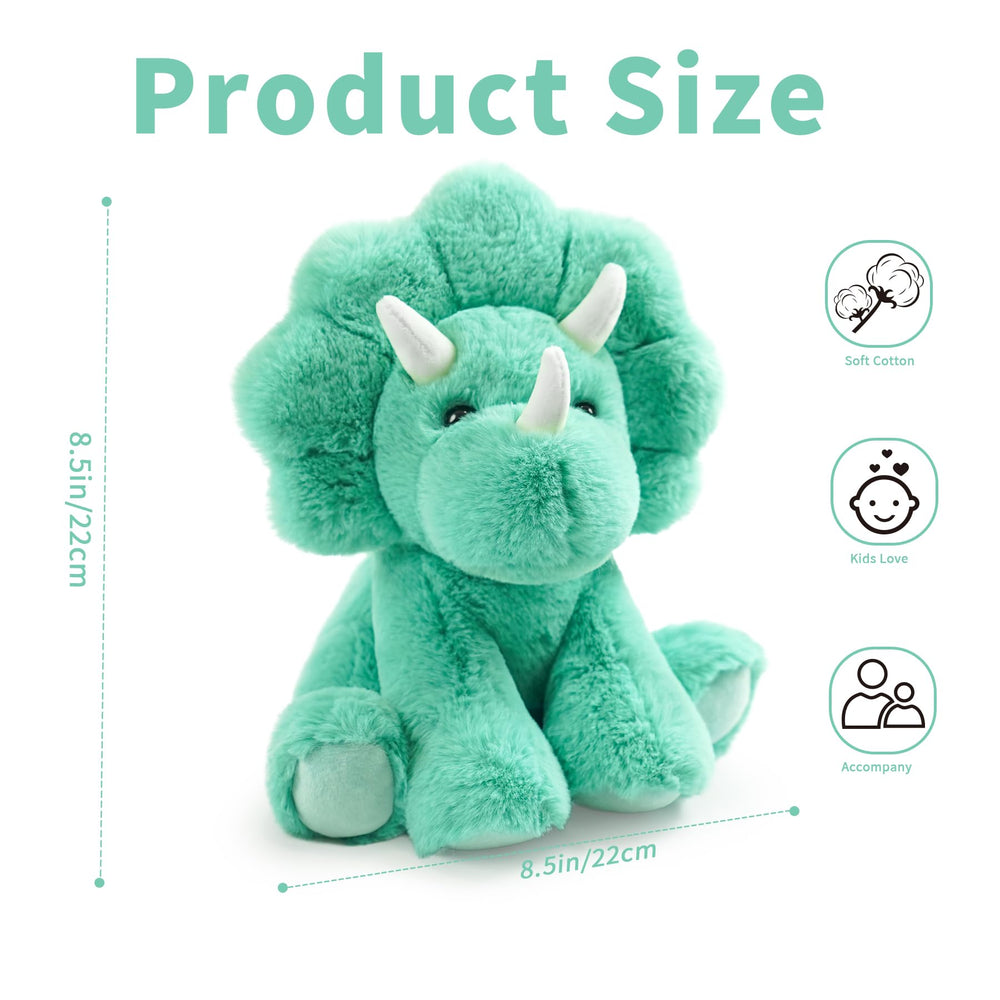 Hideekoog Triceratops plush in sitting pose, perfect portable companion for kids on the go.