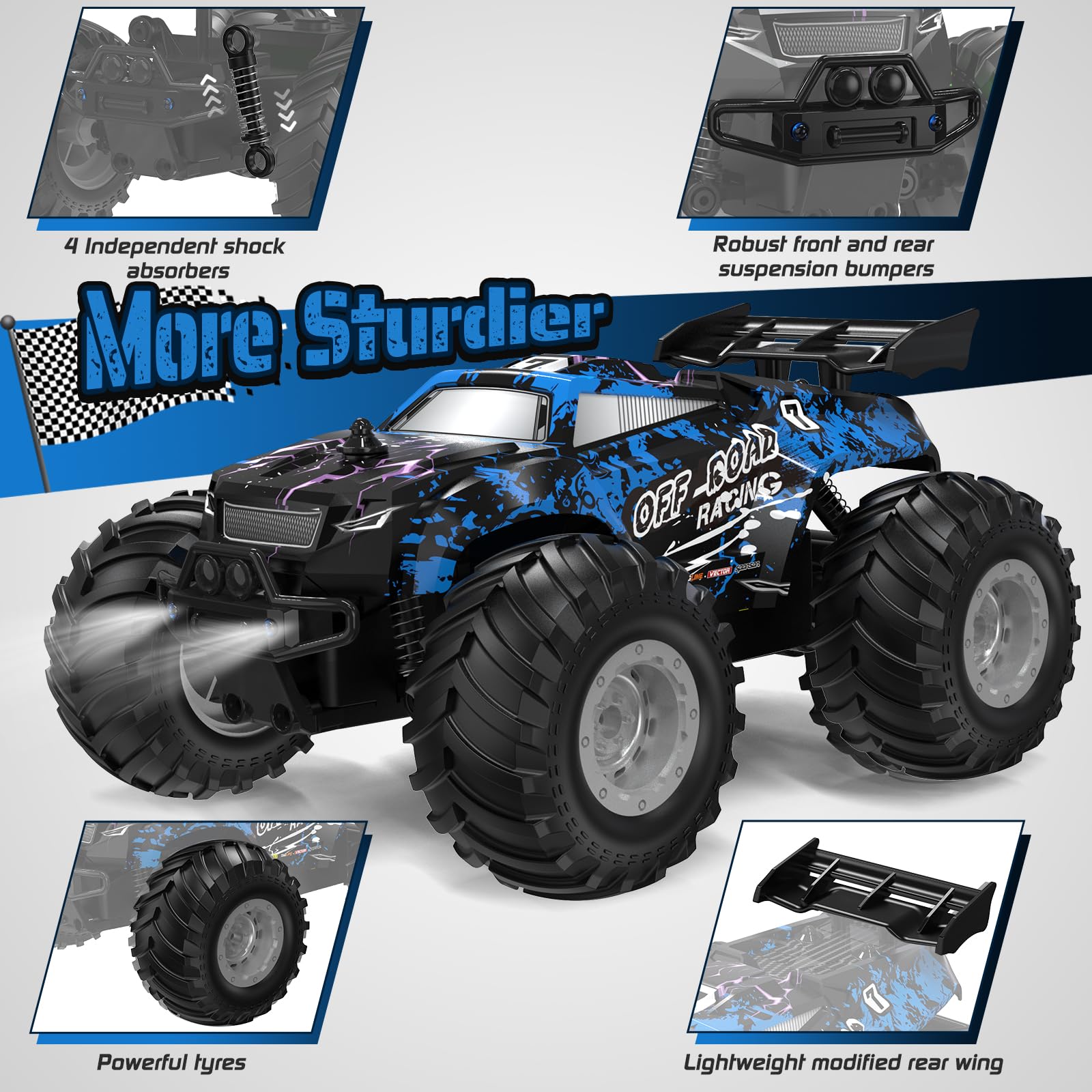 Hielse rc truck two motors power stable grip on uneven ground.