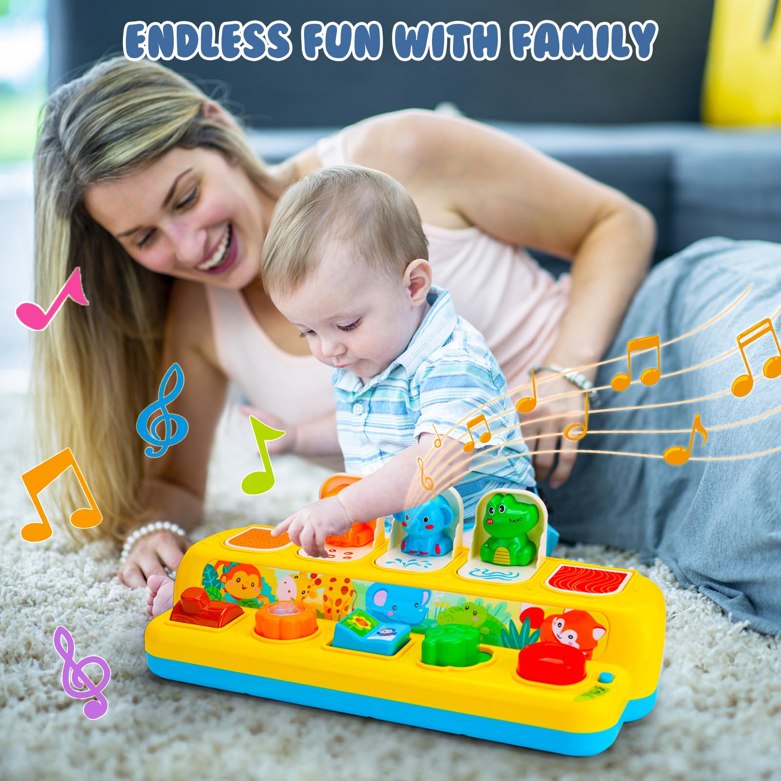 Hieoby baby toy with music and light mode for animal sounds.