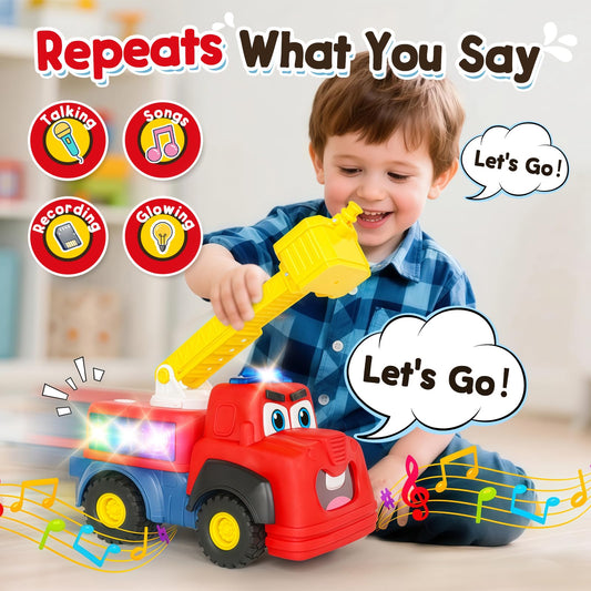 Hieoby fire truck with sirens and flashing lights, vivid rescue play.