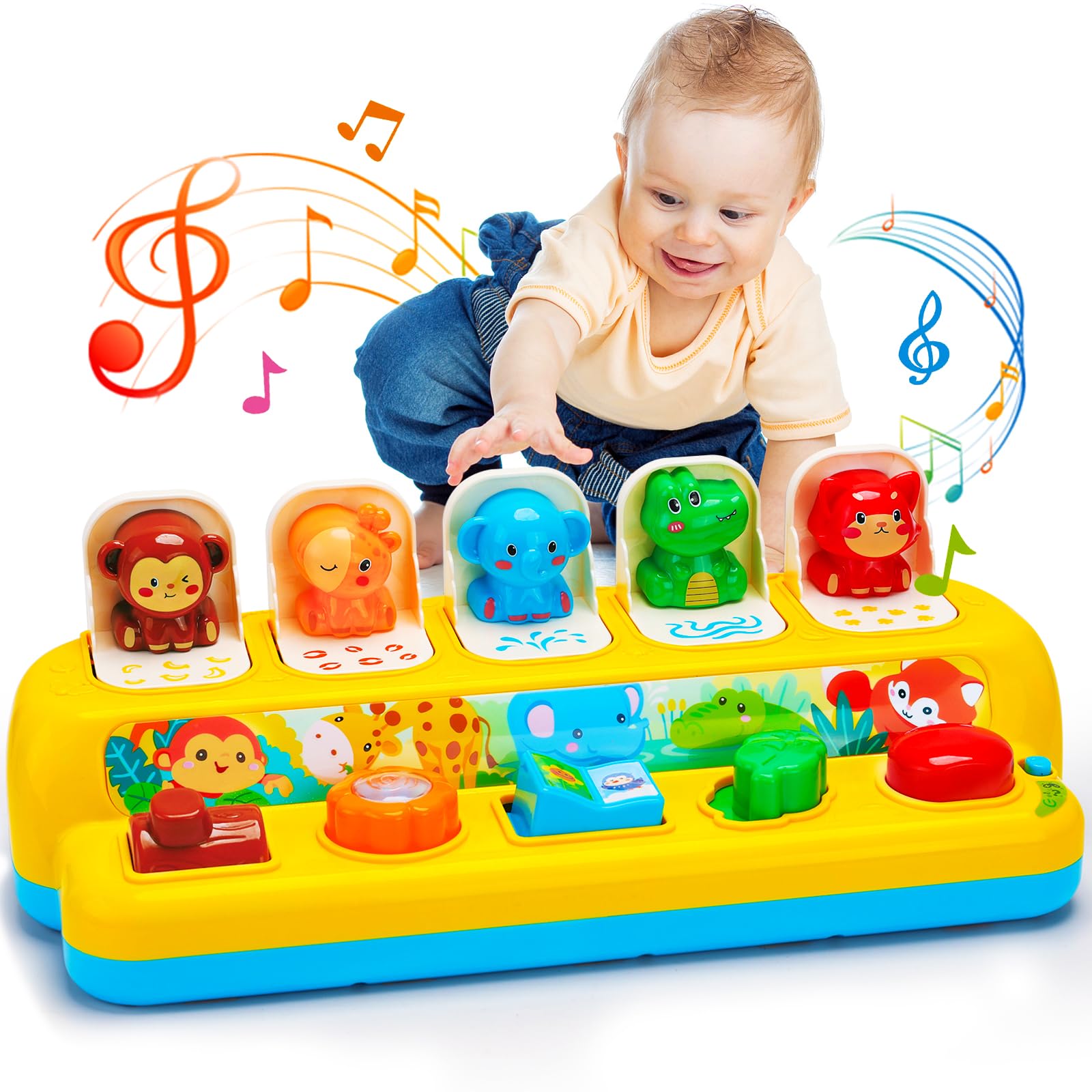 Hieoby interactive pop-up animal toy with buttons for cause-and-effect learning.