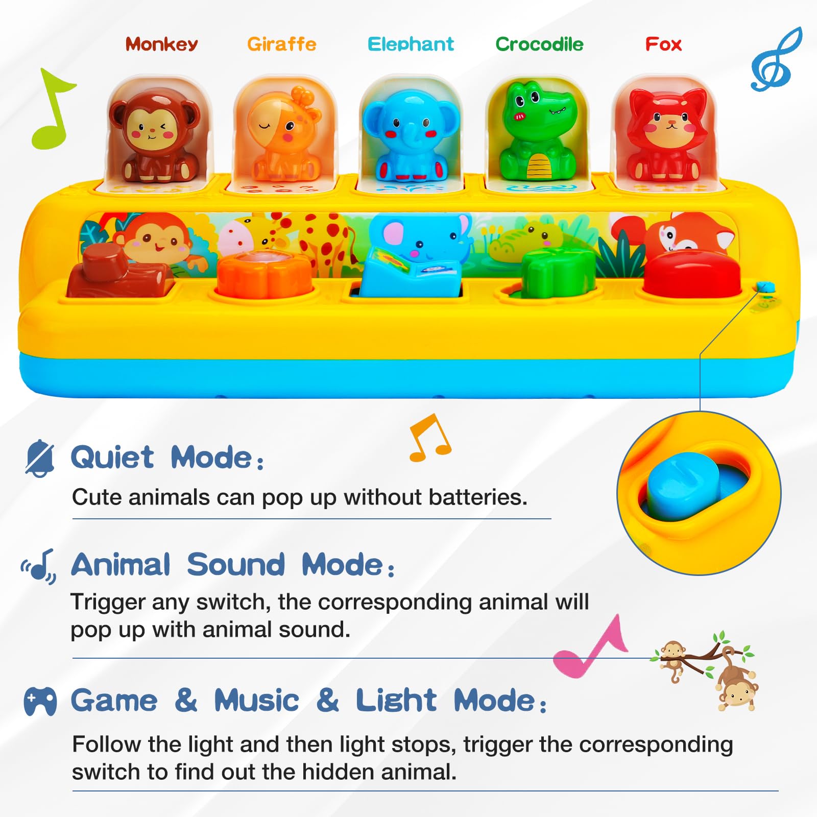 Hieoby quiet pop-up mode without batteries for calm play.