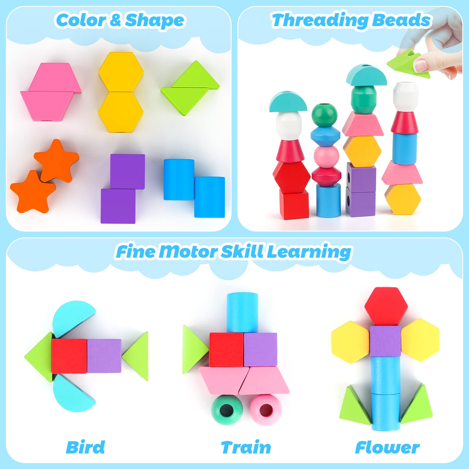 Hieoby stacking blocks on the wooden stand builds hand-eye coordination while creating patterns.