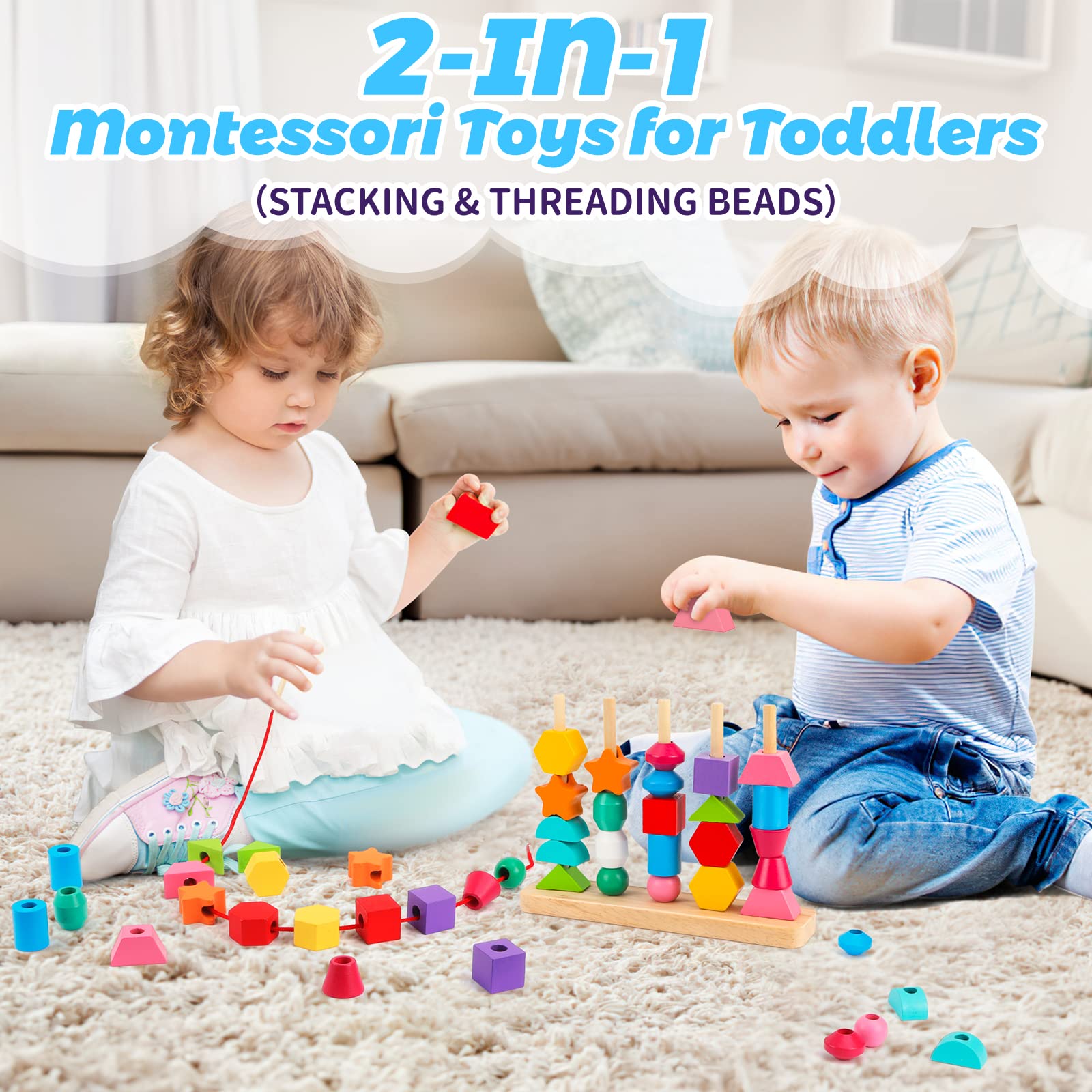 Hieoby threading beads with lace helps improve fine motor skills and hand-eye coordination.