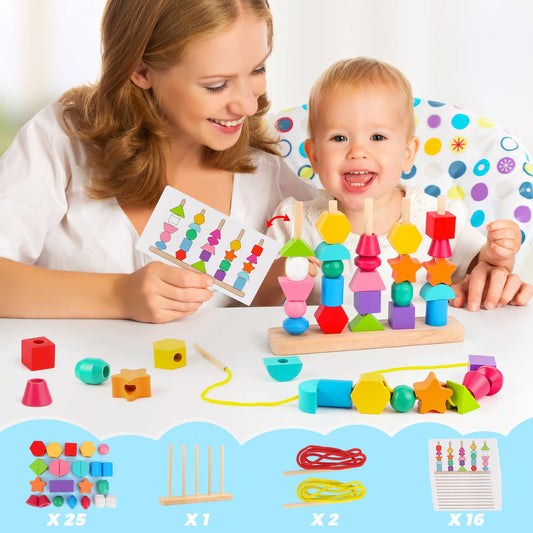 Hieoby wooden pattern cards illustrate card-based sequences for guided play and observation.