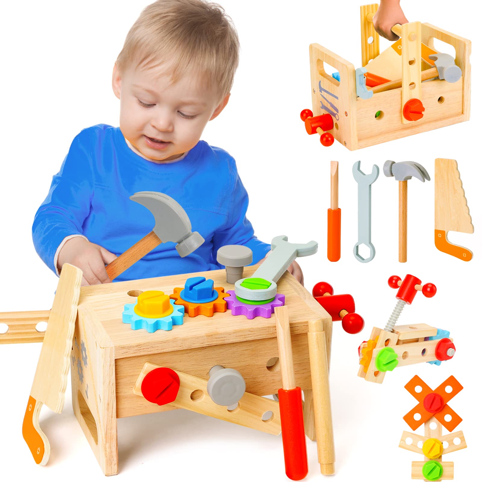 Hieoby wooden tool box with colorful tools invites imaginative play and tidy storage.