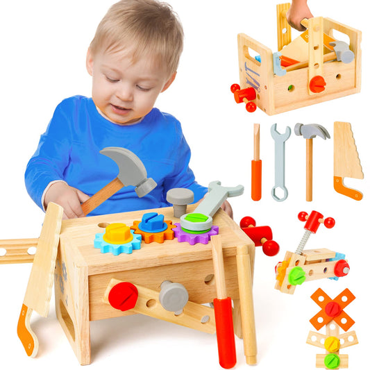 Hieoby wooden tool box with colorful tools invites imaginative play and tidy storage.