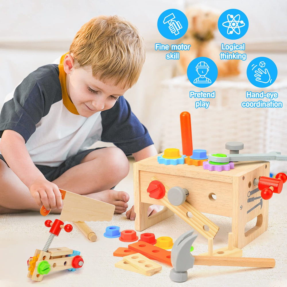 Hieoby wooden wrench encourages problem solving during colorfully guided play.