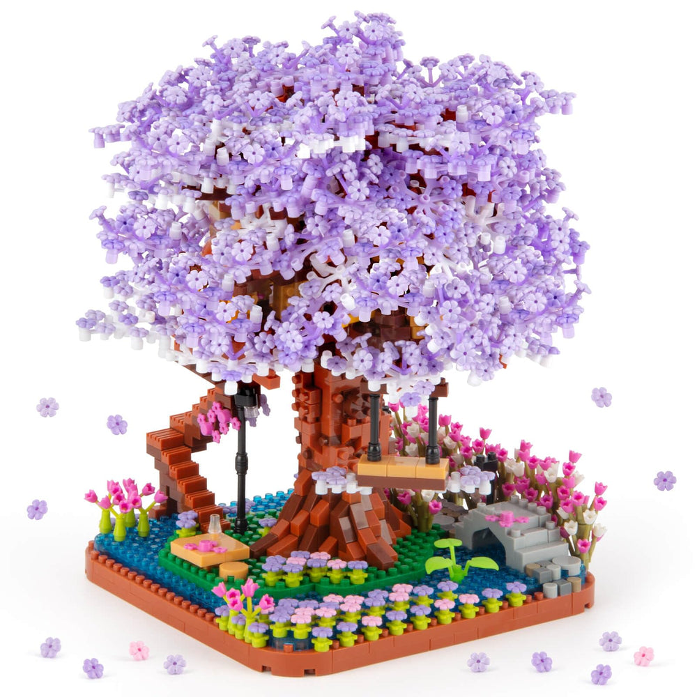 HIGH GODO Cherry Blossom Bonsai Tree micro-building set on display with intricate detailing for desk decor