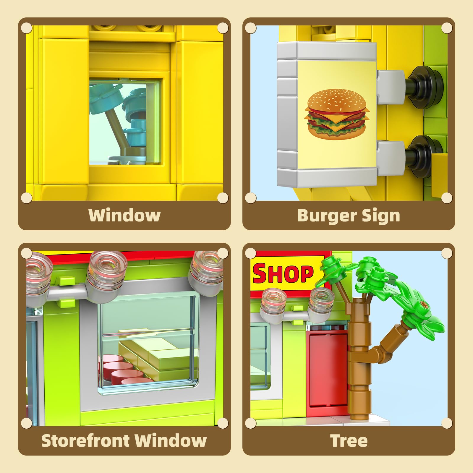 HIGH GODO City Burger Shop building set dining area highlights a compact, detailed eatery scene
