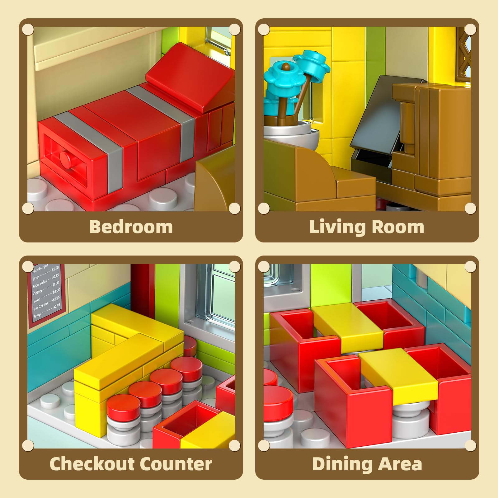 HIGH GODO City Burger Shop building set second-floor bedroom sofa shows a cozy living space