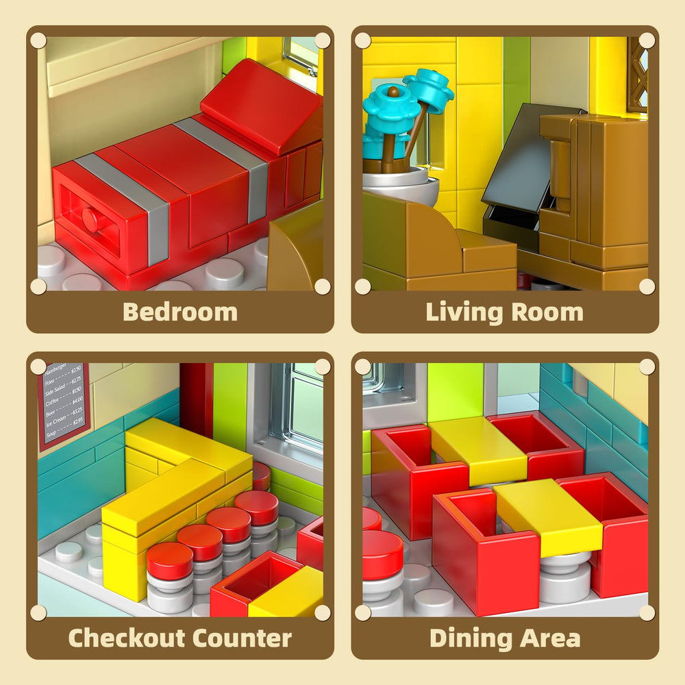 HIGH GODO City Burger Shop building set second-floor bedroom sofa shows a cozy living space