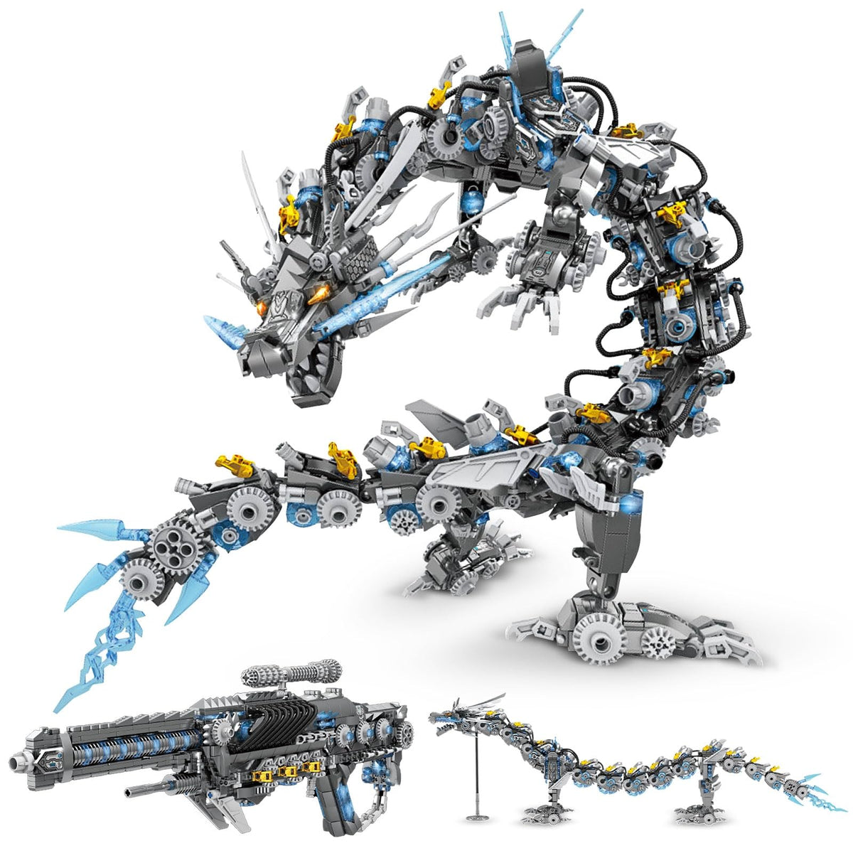 HIGH GODO dragon building set for adults shows a grey mech dragon ready for display