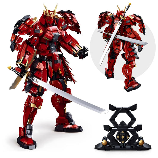 HIGH GODO Samurai Mech Warrior front view showcases bold red-black armor for display