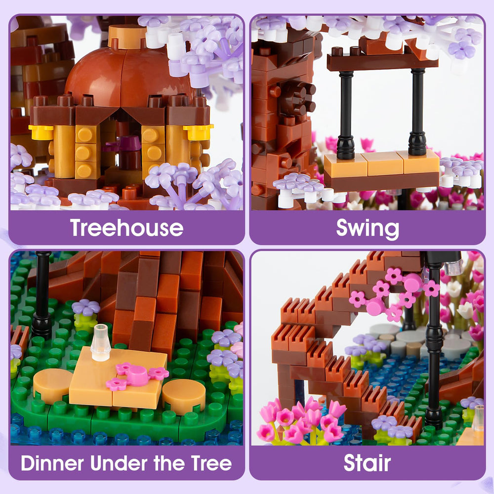 HIGH GODO tree-house platform and stairs viewed within the blossom scene