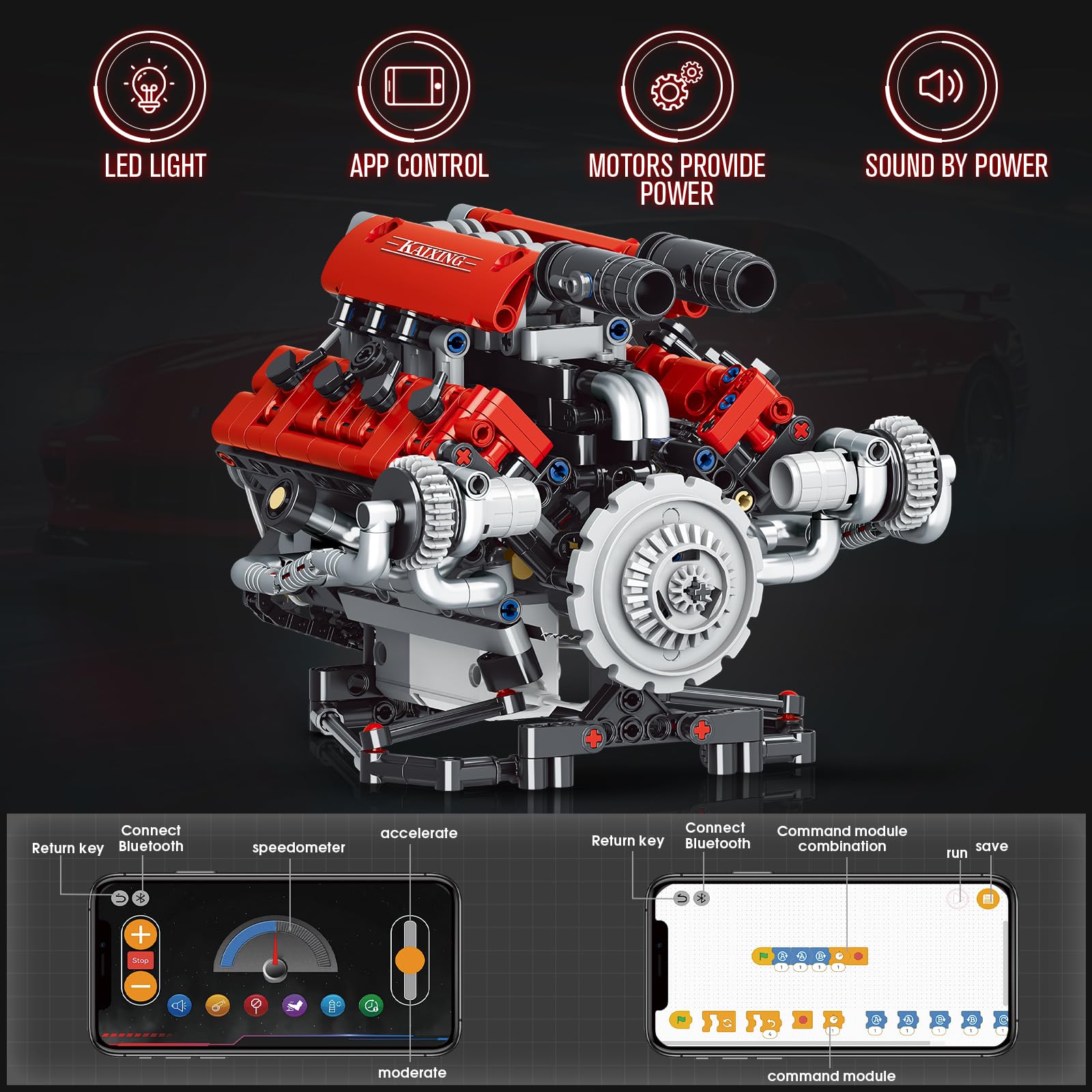 App control interface demonstrates speed changes and synthesized engine sounds.