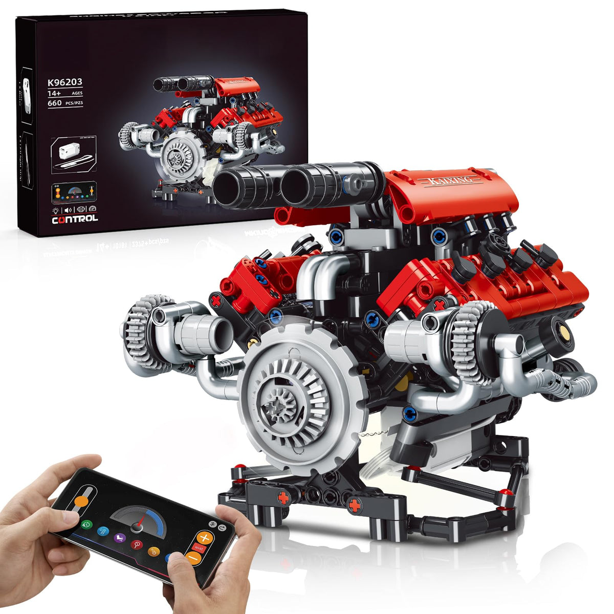 HIGH GODO V8 engine model with motor and LEDs for hands-on STEM learning.