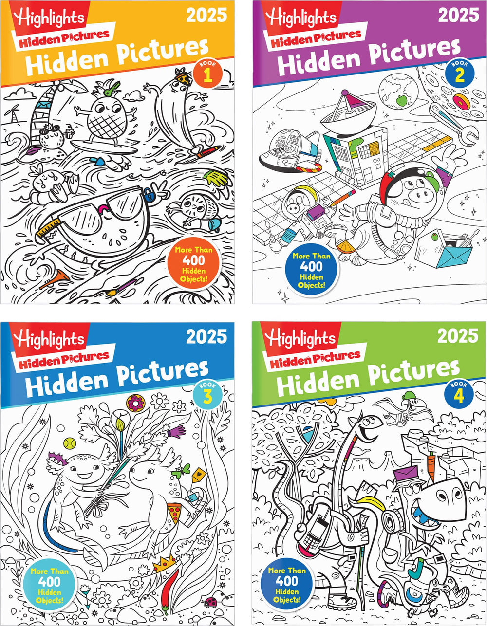 Highlights Hidden Pictures 2025 cover inviting kids to travel-friendly puzzle fun for ages 6 and up.