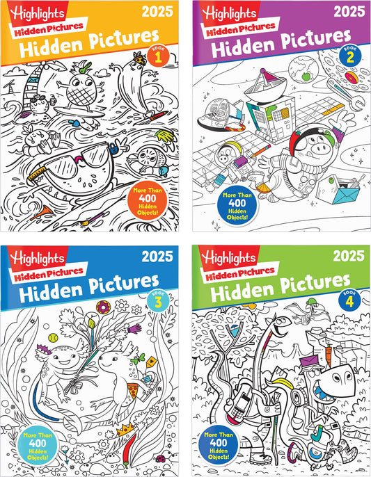 Highlights Hidden Pictures 2025 cover inviting kids to travel-friendly puzzle fun for ages 6 and up.