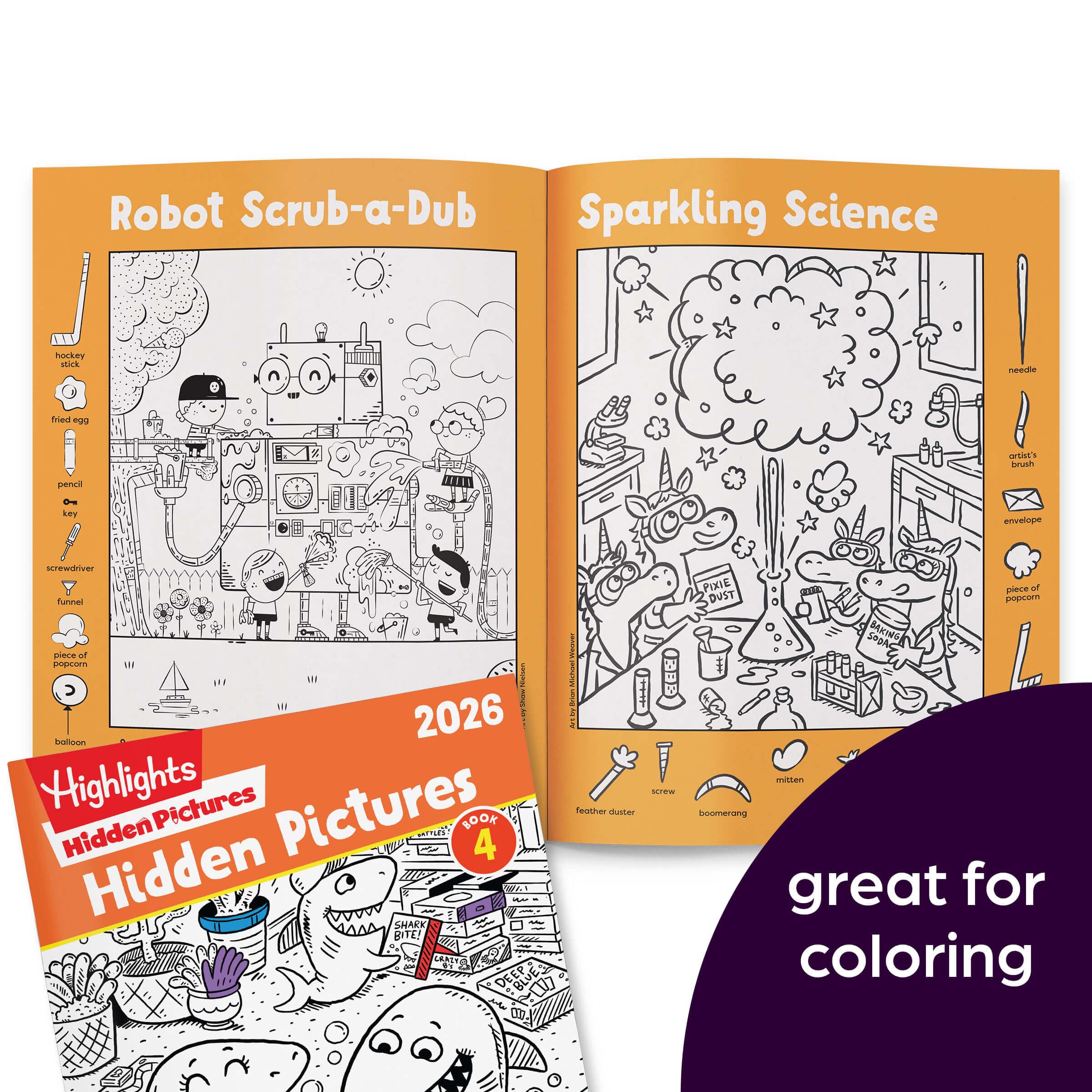 Highlights Hidden Pictures 2026 32-page illustrations provide varied puzzles that kids can tackle independently.