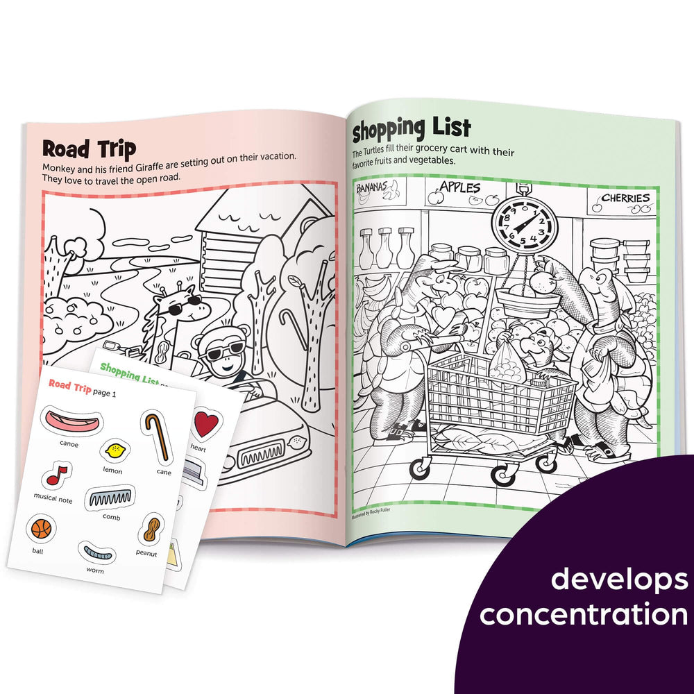 Stickers and coloring pages within Highlights Hidden Pictures spark creativity