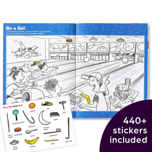 Highlights kids placing stickers on hidden objects to boost focus and fine motor skills.